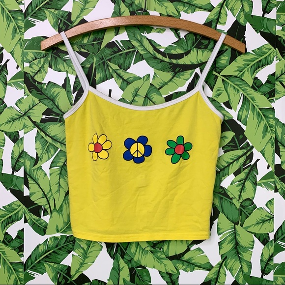 🌼 Cropped Tank Top Women's Size XS/S Yellow Retro Flower Power Style - Picture 1 of 6